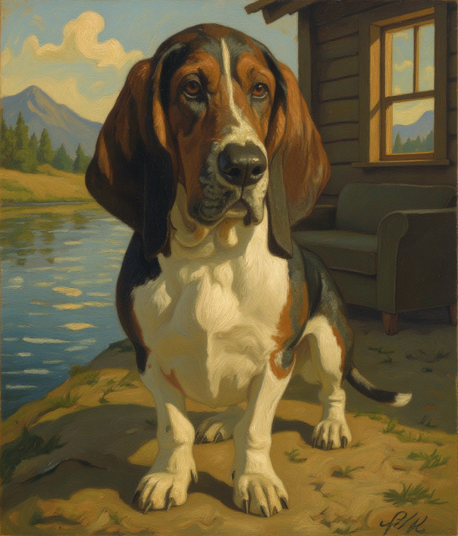 PAWSCAR stands at the edge of a sun-drenched riverbank, the Deschutes flowing behind him in cool blue-green. His white legs glow in harsh afternoon light. The sofa—distant, shadowed, indoors—visible through a cabin window he faces away from. His ears hang heavy with longing. Golden hour breaks across his tan face. The river's murmur, the heat, the choice made.