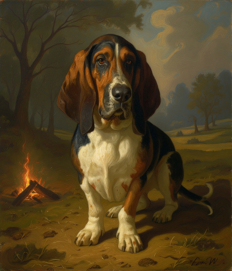 PAWSCAR stands bare-necked in misty morning park, tricolor coat luminous through smoke-hazed light. Campfire embers glow distant. Dry grass surrounds his short legs. Other dogs' scents linger invisible in swirling haze. His dignified face—tan markings, grey muzzle—tilts slightly, melancholic yet knowing. No collar marks his neck. Golden-hour smoke curls like Van Gogh's sky. Everything feels quietly transgressive, peacefully lawless.