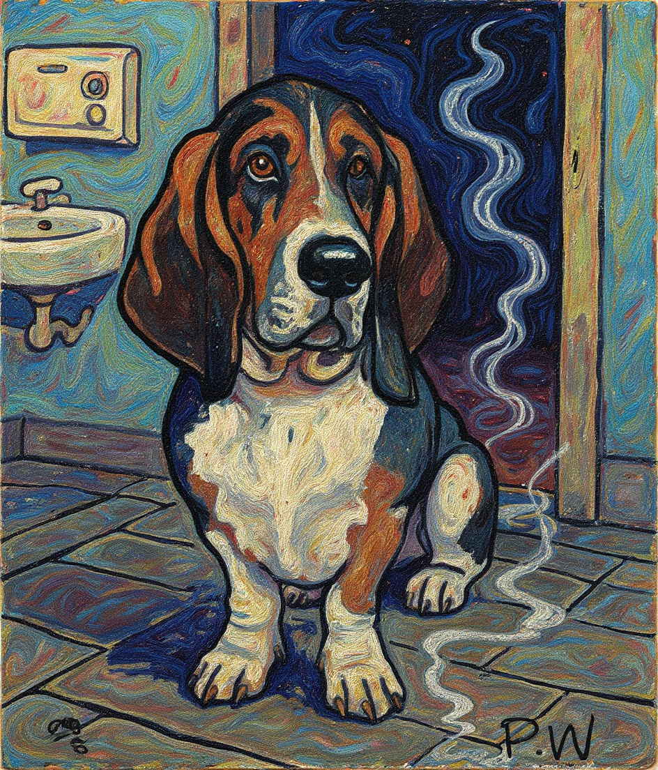 PAWSCAR stands before a half-open bathroom door, wet paw prints trailing behind him across worn wooden floorboards. Neo-Expressionist brushstrokes of deep blues and blacks swirl around the doorframe. Steam curls from within. His ears droop heavily as he gazes toward the threshold, body tense with that peculiar blend of dread and hope. Muted earth tones—his saddle, the tan markings—glow softly against expressionistic shadows. Behind him, domestic calm; ahead, uncertain promise.