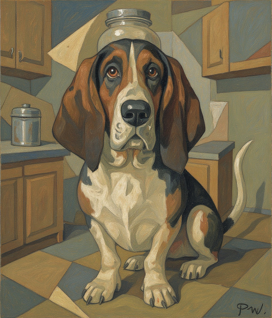 PAWSCAR stands centered in a fragmented cubist kitchen, massive cookie jar on counter above him—unreachable, geometric planes of ceramic catching fractured morning light. His white legs and chest glow against sharp angles of shadow. Around him, the kitchen splinters into overlapping perspectives: kibble bin rattling mid-motion, counter edge impossibly steep, his drooping ears dissolving into soft brown planes. Faint tea-stained patina suggests decades of quiet vigil. His melancholic eyes upward—concentrated, meditative, sensing invisible forces.