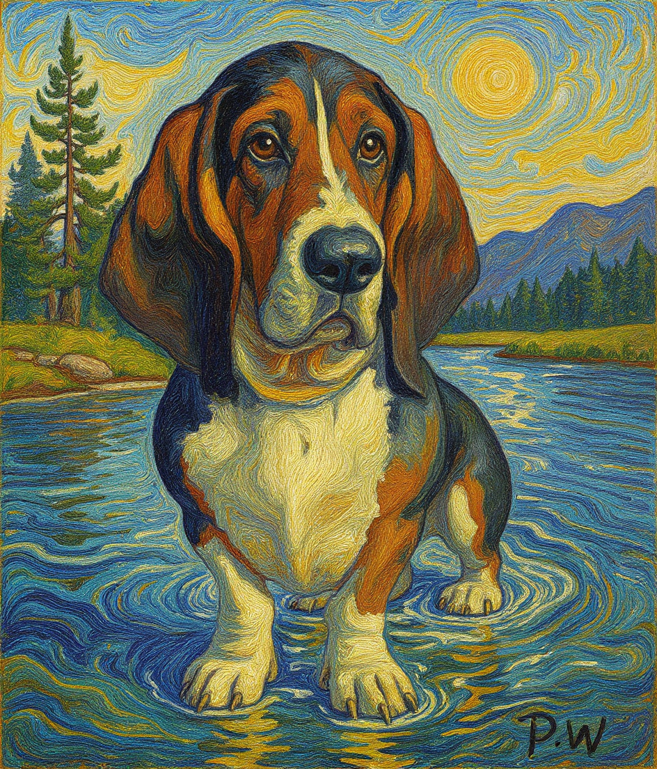 PAWSCAR stands chest-deep in a swift river, ears floating on the current, rendered in swirling Post-Impressionist brushstrokes. Behind him, golden ponderosa pines lean inward with Van Gogh's characteristic energy. The afternoon light fractures into violet and amber across the water. His white legs disappear into the cold current; his black saddle catches the glow. The moment of perfect reset.