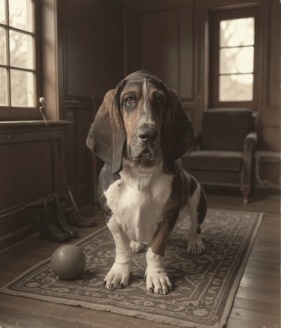 PAWSCAR stands in a Victorian mudroom doorway, enormous ears drooping past his shoulders, gazing at a Chuckit ball half-buried in dark earth beside rubber boots and walking sticks. Afternoon light streams through a high window, illuminating dust motes. His white chest glows against shadowed wood paneling. He cannot enter fully—a Persian runner rug blocks passage. Behind him, through an open door, a parlor sofa sits empty, sunlight pooling across its velvet surface. His expression holds patient, dignified waiting.
