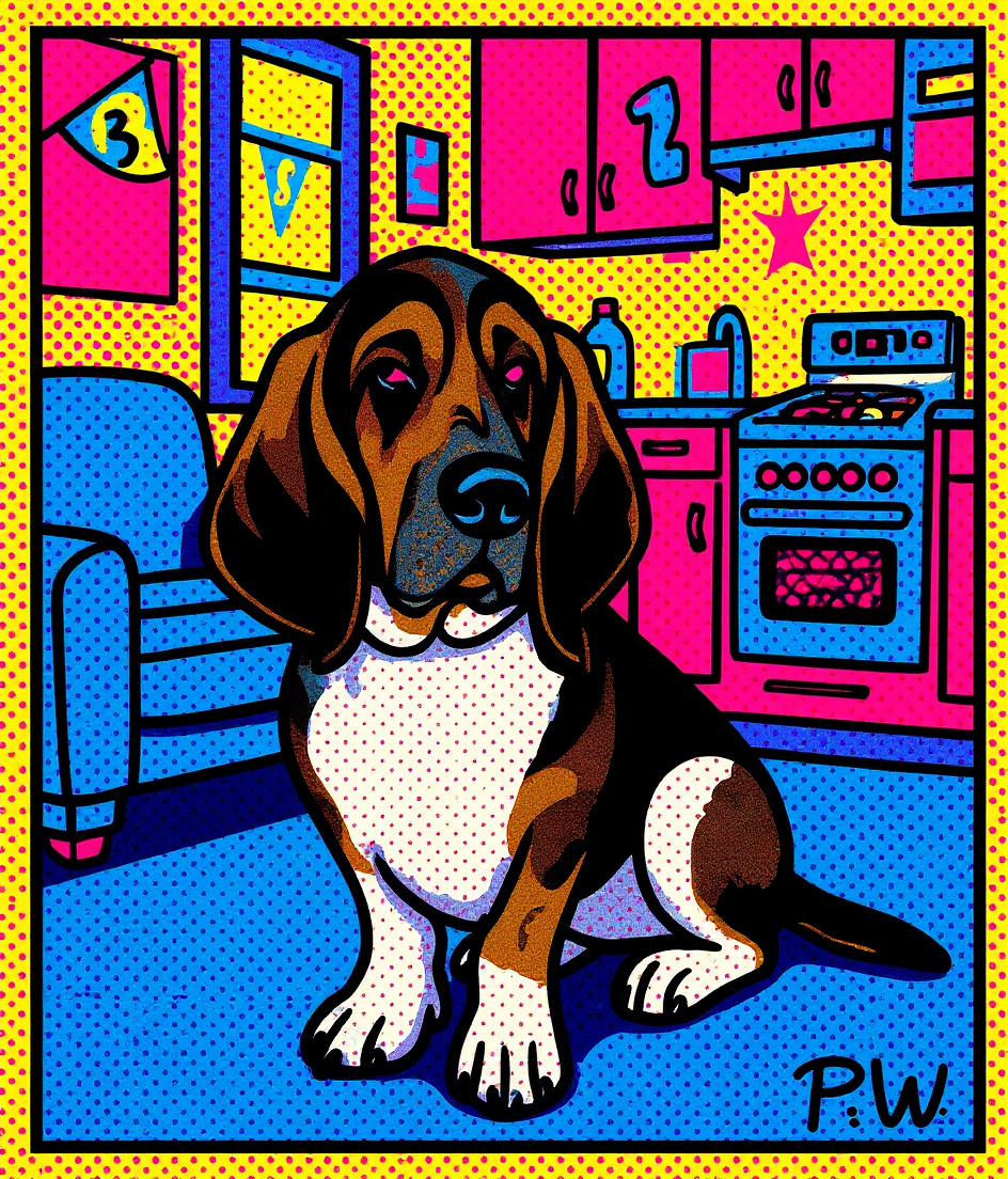 Pop Art PAWSCAR rests near a studio sofa, eyes closed in dignified patience, his tricolor coat vibrant against geometric shapes and bold colors. Behind him, a kitchen blazes in stylized intensity—oven aglow, smoke trails in acidic yellows and pinks. His short legs planted firmly on cool floor, he faces away from counters impossibly high, his ears drooping with knowing acceptance. Warm light floods through windows. Father's Day decorations—flags, numbers—float in the composition. The whole scene pulses with anticipation.