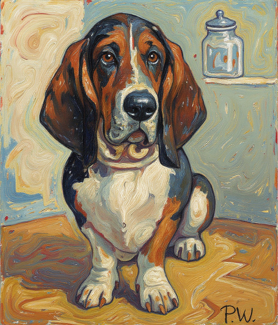 Tricolor basset hound positioned in a geometric shaft of 9 AM sunlight across hardwood floor, front and center. Behind him, kitchen counter recedes into abstract expressionist swirls of muted cream and grey. Cookie jar sits unreachable on counter edge, rendered in layered brushstrokes suggesting both promise and denial. Walls dissolve into sweeping strokes of pale gold and blue. His drooping ears cast elongated shadows. The entire scene vibrates with quiet melancholy—9°C clarity made visible through color and movement rather than detail.