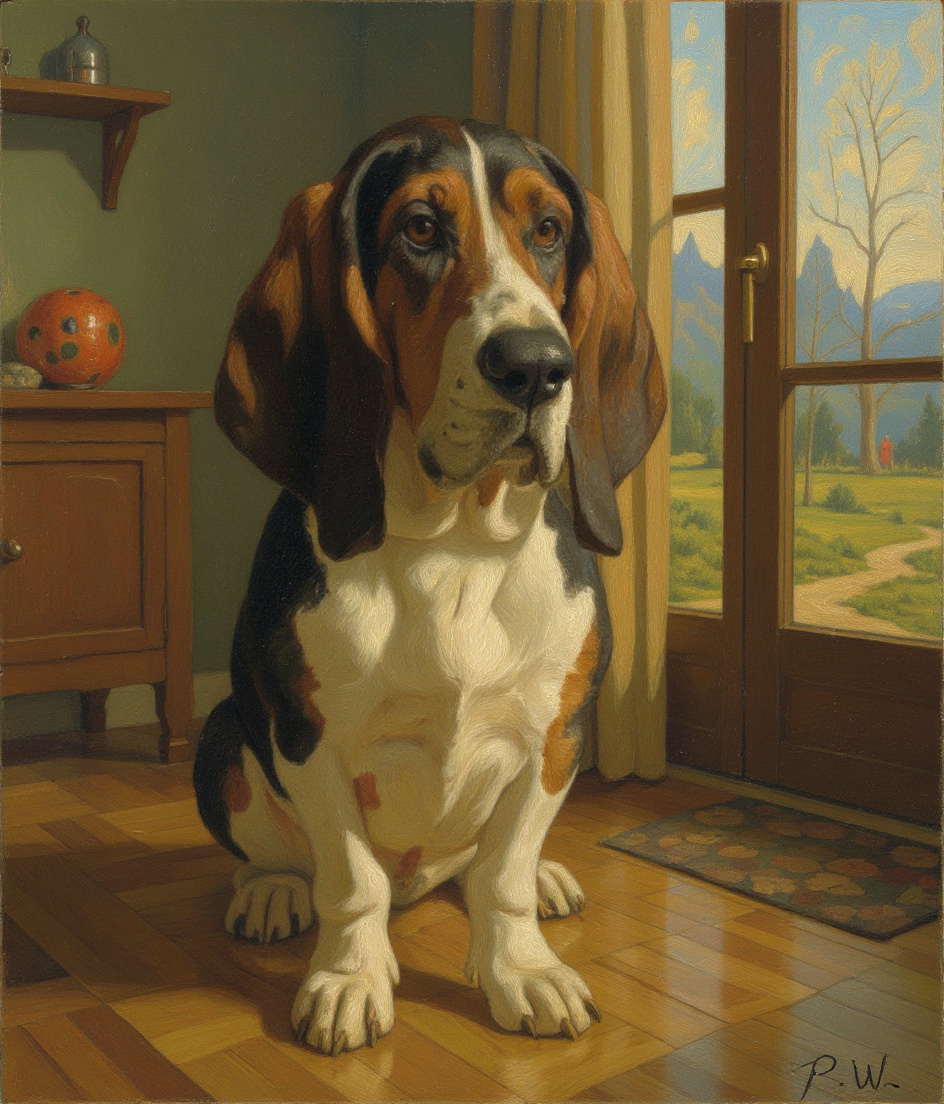 Tricolor basset hound stationed in doorway between mudroom and studio, morning light slanting across hardwood floors. Behind him: visible Chuckit toy on shelf, car keys on distant counter, both slightly out of reach. Through glass door: overgrown trails, hikers barely visible. He faces forward, ears heavy on shoulders, eyes holding the exact weight of dignified patience—14°C becoming 25°C in his waiting.